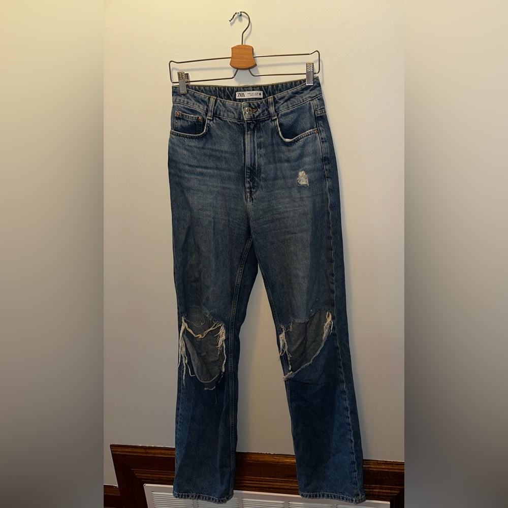 Zara Distressed Blue Straight Leg Jeans